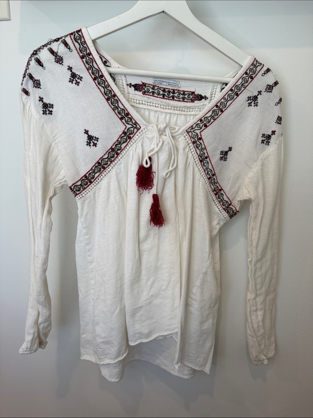 Zara White Tunic Blouse with Red Embroidery and Tassels